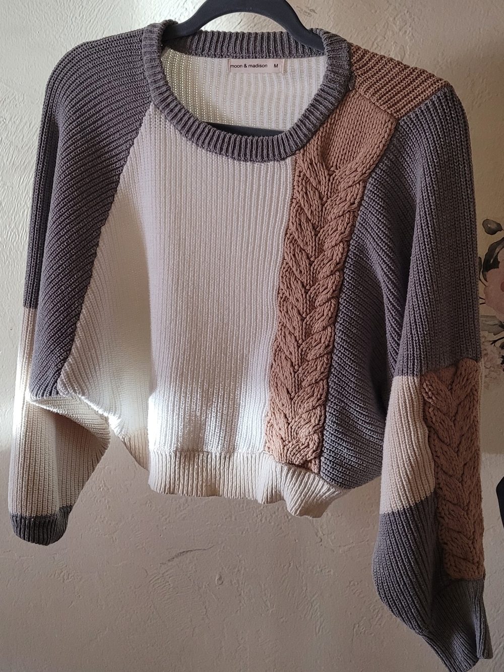 moon & madison Colorblock Cable Knit Crewneck Sweater - Cream, Taupe & Gray